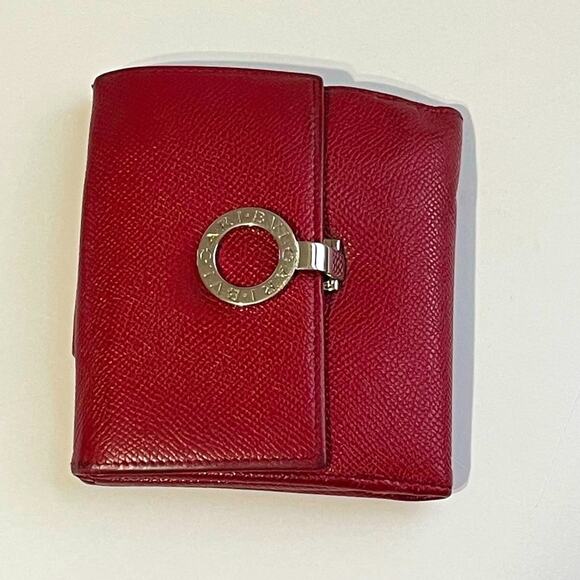 Bvlgari Red Textured Leather Compact Wallet with Silver hardware